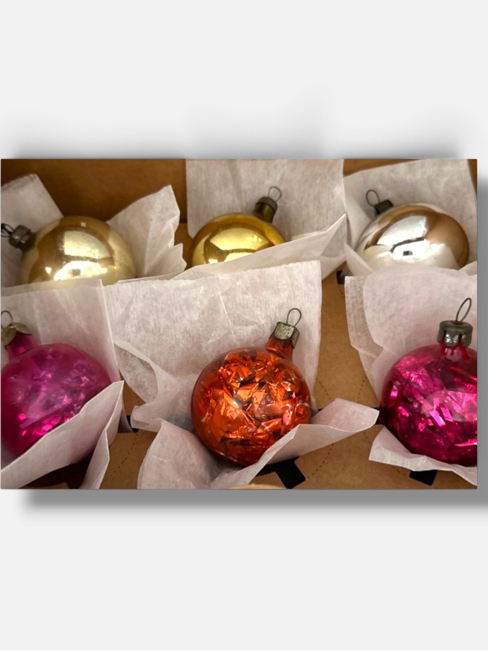 BOX OF 6 VINTAGE  SOVIRT ORNAMENTS TINSEL BALLS UNSILVERED